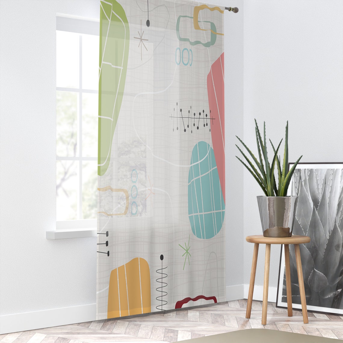 1950s Mid Century Modern Abstract Window Curtains in Retro Teal, Lime ...
