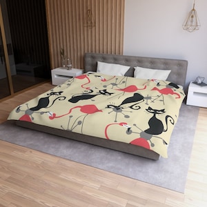 Mid Century Modern Atomic Cat, Flamingo Duvet Cover, Retro Whimsy MCM Starburst Bedroom Decor
