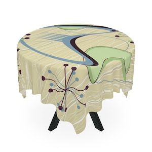 Mid Century Modern Tablecloth, Retro Boomerang Starburst Dining Decor