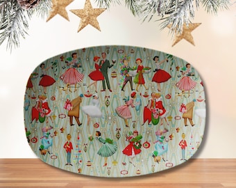 1950s Retro Vintage Christmas Platter, Mid Century Modern Retro Green, Red, Women, Ladies, Housewives Holiday Party Dish