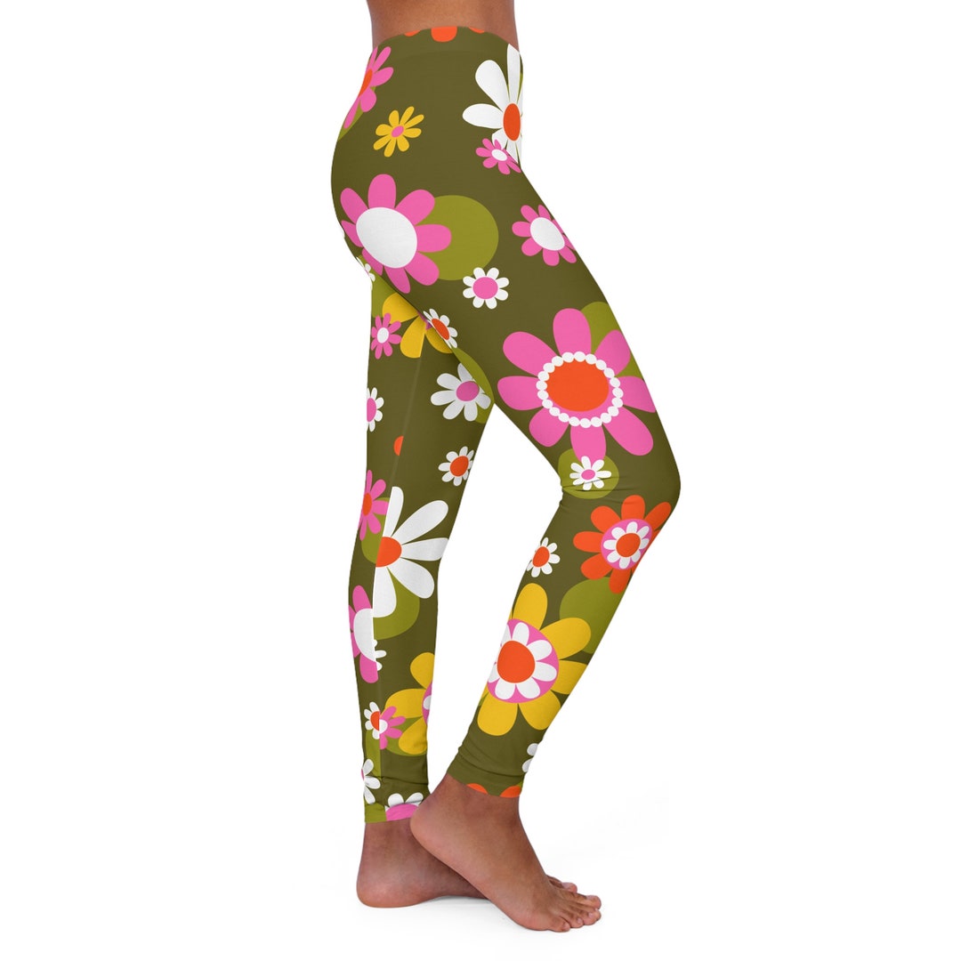 Girls Retro Groovy Floral Wave Leggings - 70s Inspired Multi-Color Tights main image 1