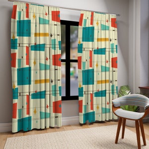 Mid Century Modern Geometric Starburst Pattern Window Curtain, Atomic Squares, Rectangles Curtain Panels, Mid Mod Orange, Aqua, Teal, Cream