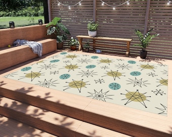 Classic Franciscan Starburst 50s Mid Century Modern Atomic Retro Cream, Aqua Blue, Green Indoor - Outdoor Rug