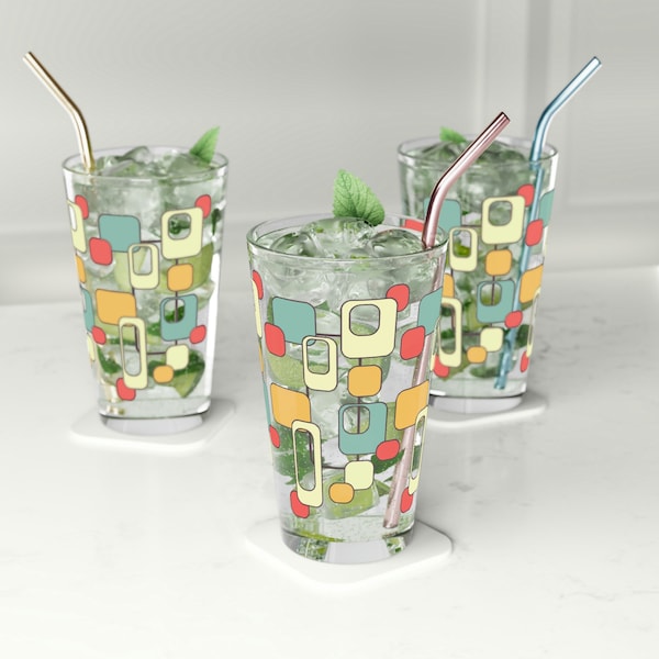 70s Retro Mid Mod Geometric Pint Glass, Mid Century Modern Shaker Glass, Beer Glassware, Cocktail Glass, MCM Barware