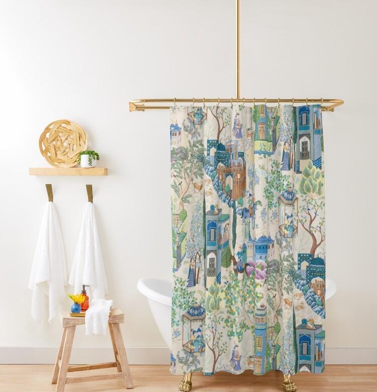 Vintage Toile De Jouy Shower Curtain, Blue, Green Chinoiserie Floral, Traditional Asian Country Scene, Rustic Chic Bathroom Decor