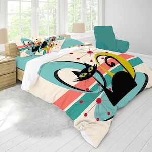 Mid Century Modern Atomic Cat Comforter, Retro MCM Teal, Beige, Coral Bedding, Nostalgic 50s Bedroom Decor