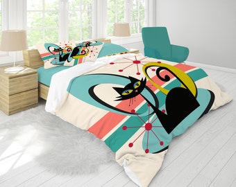 Atomic Cat Comforter: Mid Century Modern Retro Bedding