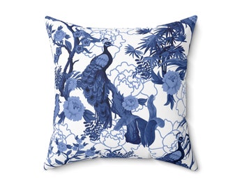 Chinoiserie Blue Peacock Throw Pillow with Insert,  Floral Asian Design Cushion, Blue and White Decorative Pillow