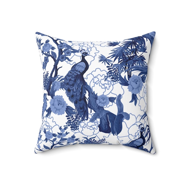 Chinoiserie Blue Peacock Throw Pillow with Insert,  Floral Asian Design Cushion, Blue and White Decorative Pillow