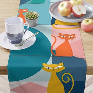 Mid Century Modern Atomic Kitschy Cat Table Runner, Retro Teal, Pink, Orange, Yellow Geometric Dining Table Decor
