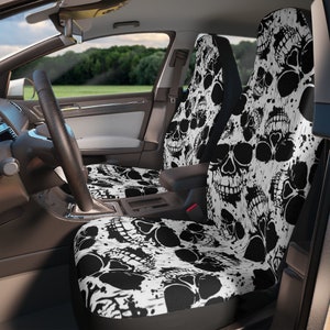 Skull Grunge Car Seat Covers, Set of 2 Custom Black and White Grunge Skull Seat Covers, Universal Front Car Seat Protector, Birthday Gift