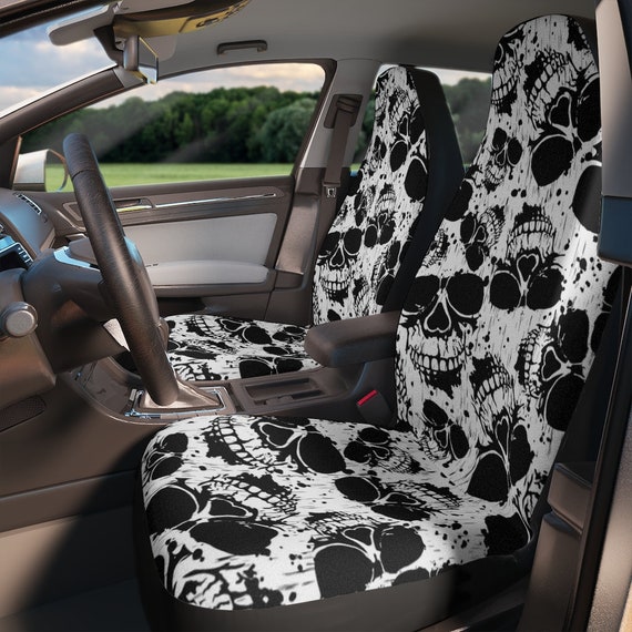 Skull Grunge Car Seat Covers, Set of 2 Custom Black and White