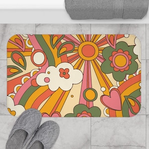 70s Groovy Hippie Retro Sunshine Bath Mat, Mid Mod Flower Power Bathroom Rug, Funky Hipster Mid Century Modern Bathroom Decor