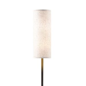 May include: A modern floor lamp with a cylindrical, off-white linen shade. The shade sits atop a slender, dark metal pole with a gold-toned accent. The lamp is designed for ambient lighting and home decor.
