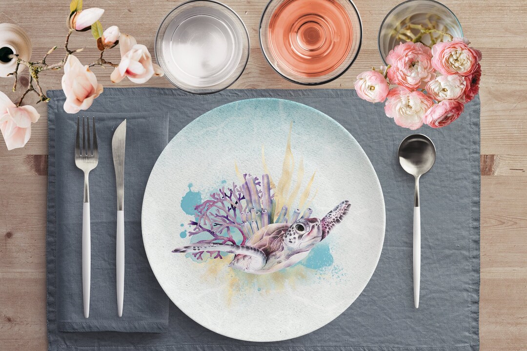 Sea Turtle Dinner Plate, Custom Designed 10 Inch Ocean Theme Dinnerware