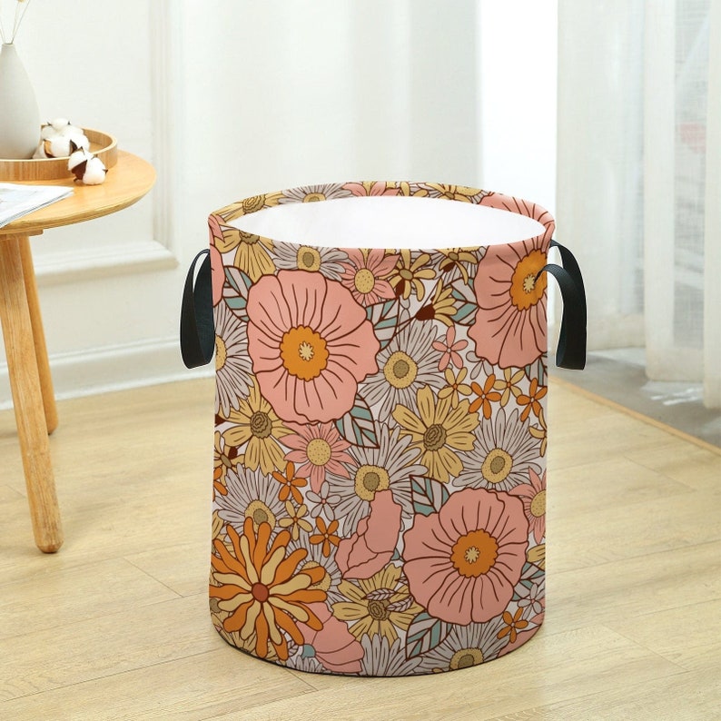 70s Groovy Hippie Retro Floral Laundry Basket, Mid Century Modern Large Capacity and Collapsible, Freestanding, Waterproof, Machine Washable