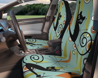 Atomic Cats Diamond Starbursts Car Seat Covers, 50s Geometric Mid Century Modern Retro Aqua Blue, Orange, Lime Car Decor