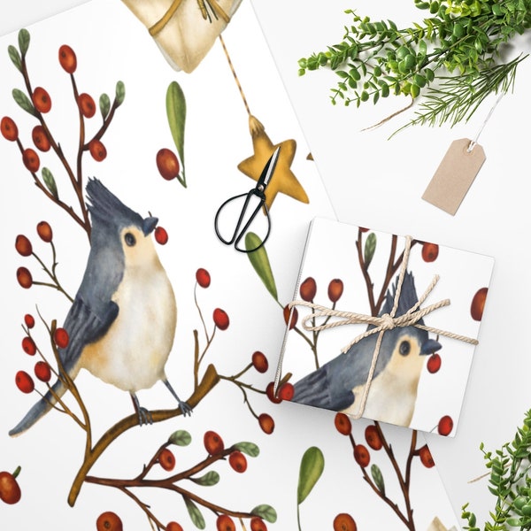 Christmas Wrapping Paper Roll, Gift Wrap With Tufted Titmouse Bird, , Holiday Wrapping Paper