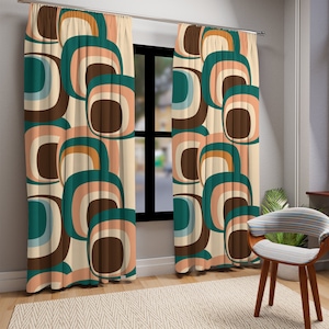 60s, 70s Mid Century Modern Retro Geometric Window Curtains, Green, Blue, Brown, Beige MCM Curtain Panels, Living Room, Bedroom Drapes Gifts