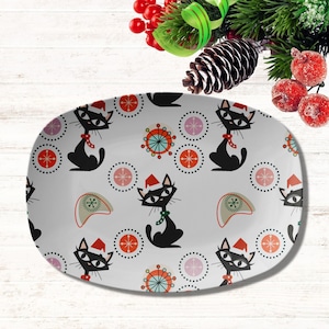 Plateau de Noël kitsch moderne du milieu du siècle avec chat noir atomique rétro des années 50, vaisselle des Fêtes MCM