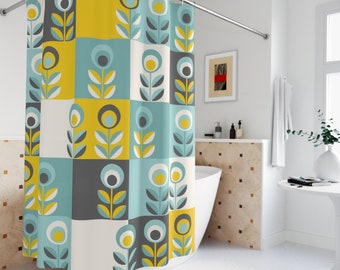 Rideau de douche floral abstrait géométrique scandinave rétro, rideaux de bain MCM, décoration de salle de bain rétro