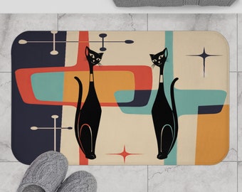 Atomic Cat Bath Mat – Mid Century Modern Design Microfiber Rug For Bathroom Floor