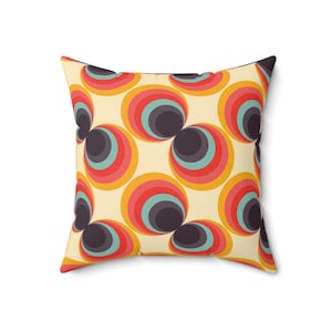 Mid Century Modern 70s Retro Throw Pillow, MCM Geometric Floral Orb Teal, Orange, Mustard Yellow, Beige Accent Pillow - 131082623