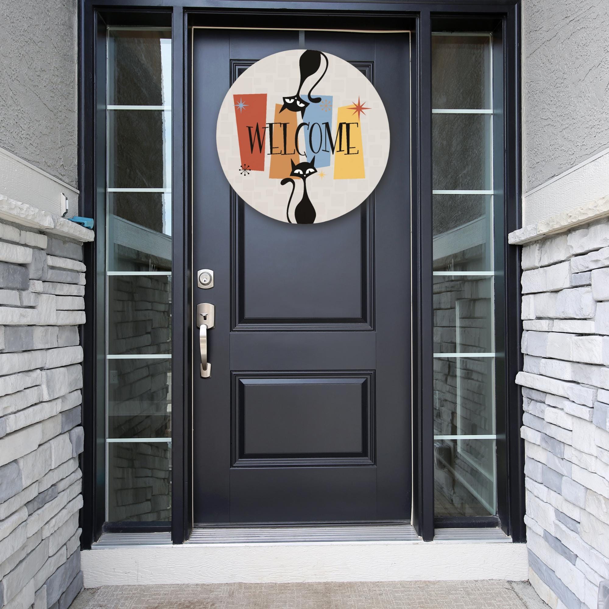Atomic Cat Mid Century Modern Welcome Door Sign, Retro 50s MCM