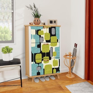 Mid Century Modern Shoe Cabinet: Geometric Entryway Organizer