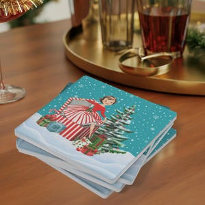 Retro Vintage Kitsch Snowy Christmas Coasters, Mid Century Modern 50s Holiday Drinkware