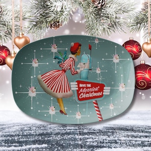 Plateau de Noël moderne du milieu du siècle, plateau de vacances atomique rétro kitsch, plat de service vintage Santa Starburst