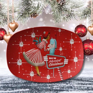 plateau de Noël kitsch vintage des années 50, plateau de service moderne rétro du milieu du siècle, vaisselle festive du père Noël starburst