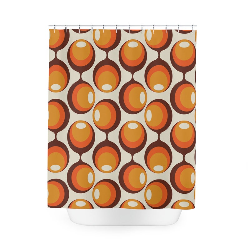 May include: A shower curtain with a retro pattern of overlapping circles in shades of orange, brown, and cream.
