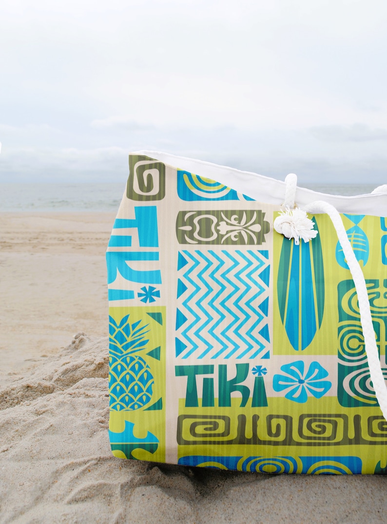 Bolso de fin de semana moderno retro Tiki Mid Century, bolso de vacaciones hawaiano Aloha, bolso de mano retro de gran tamaño imagen 3