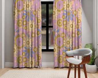 70年代ボヘミアン花柄カーテン、レトロな花柄パネルカーテン、レトロな