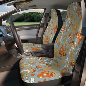 Cottagecore Mushroom Aesthetic Car Seat Covers, Retro Hippie 70s Sage Green, Orange Floral Psychedelic Mid Century Modern Car Seat Protector