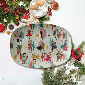 Plateau d&#39;art kitsch pour couples de Noël vintage rétro des années 50, plateau de service de vacances Franciscain Diamond Starburst