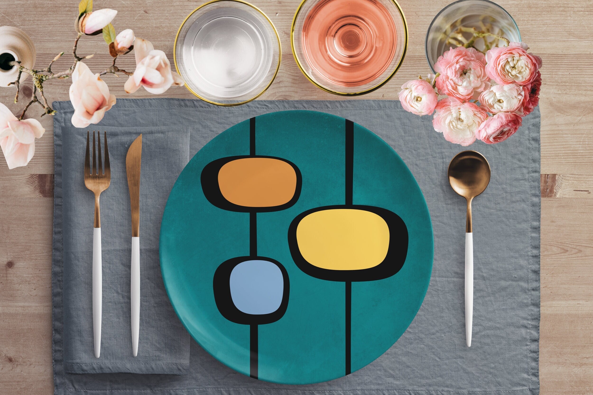 Dinner Plate in Vintage 50s Retro Abstract, Custom Design Mid Century Modern Dinnerware, Atomic Age 10" Dinner Plates, Geometric Tableware