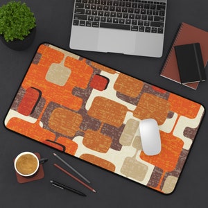 Mid Century Modern Geometric Abstract Desk Mat, Retro Orange, Brown, Cream MCM office Accessories