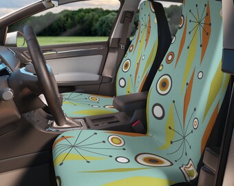 50s Geometric Mid Century Modern Diamond Starbursts Car Seat Covers, Retro Aqua Blue, Orange, Lime Car Decor