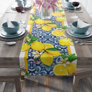 Cobalt Blue and Yellow Lemon and Tiles Table Runner in Cotton Twill or Polyester, Mediterranean Citrus Floral Dining Table Centerpiece Gifts