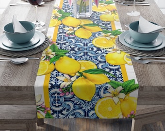 Cobalt Blue and Yellow Lemon and Tiles Table Runner in Cotton Twill or Polyester, Mediterranean Citrus Floral Dining Table Centerpiece Gifts