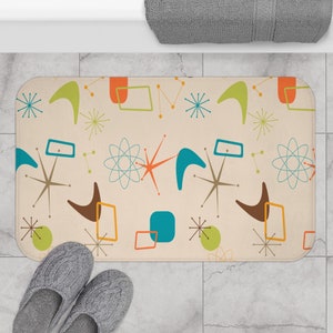 50s Mid Century Modern Boomerang Starburst Bath Mat, Retro Beige, Orange, Teal Blue, Lime Bathroom Rug, Atomic Age Bath Decor