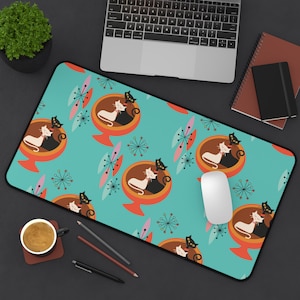 Sputnik Atomic Cat Desk Mat, Mid Century Modern Aqua Blue, Orange Retro Office Accessories