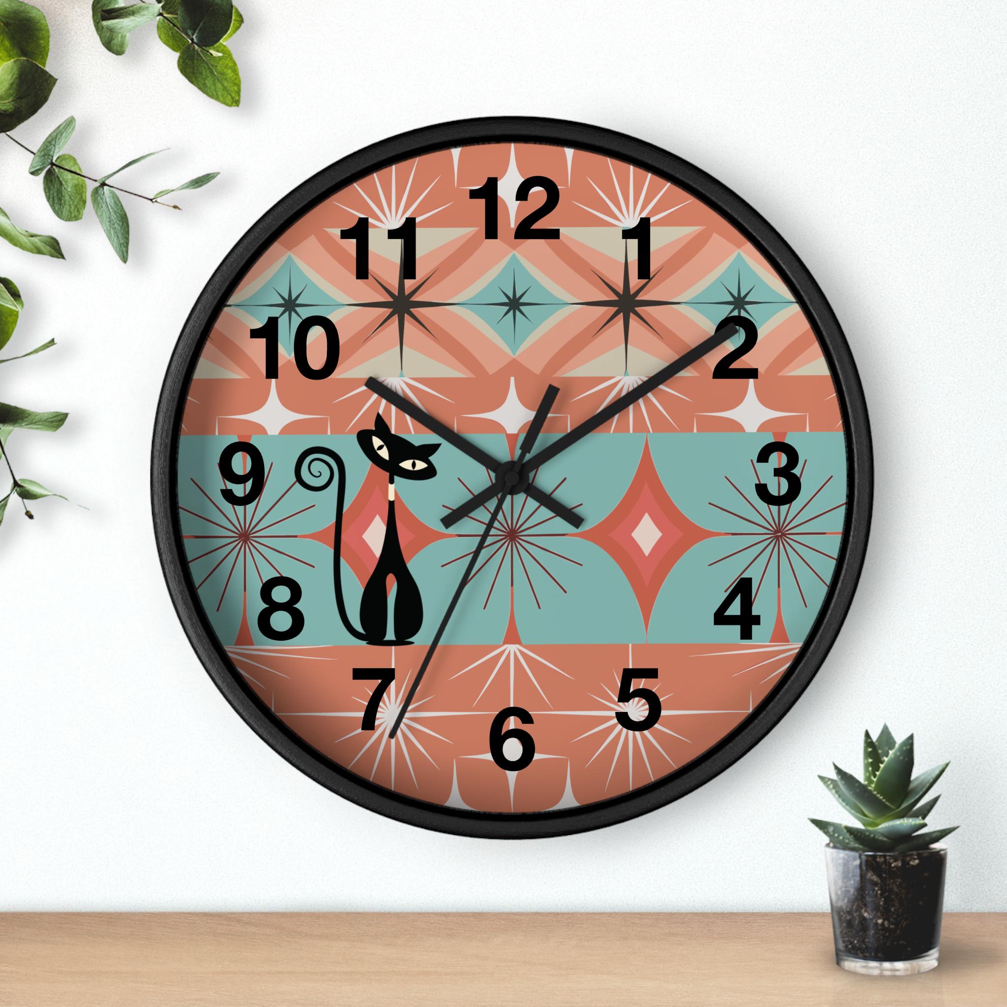Atomic Cat Round Wall Clock, Retro Mid Century Modern Starburst Home ...