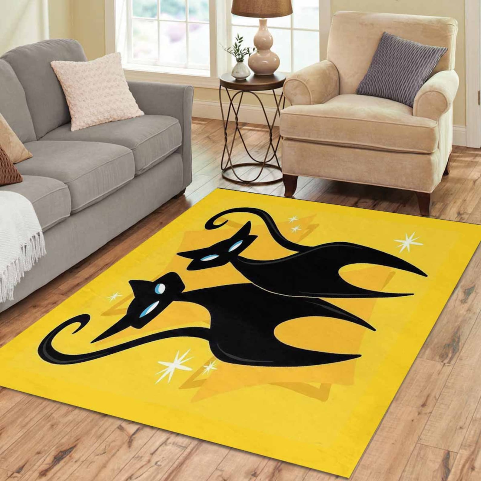 Atomic Fallout Rug Atomic Cat Area Rug, Mid Century Modern Starburst, Retro Living Room ...