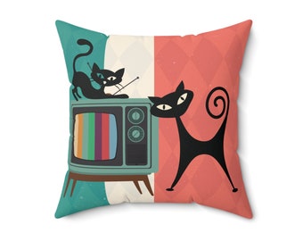 Atomic Cat Retro TV Throw Pillow, Mid Century Modern Living Room, Bedroom Accent