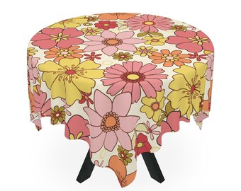 Retro Floral Tablecloth, Flower Power Decor, Mid Century Modern Table Linen, Flower Power Tablecloth, Square Table Cloth