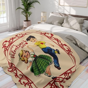 Manta de sherpa retro vintage kitsch de San Valentín, manta romántica bonita con diseño de niño y niña bailando de mediados de siglo moderno de los años 50