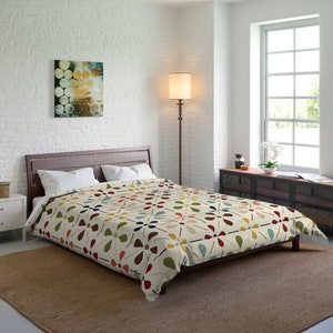 MCM Floral Comforter, Minimalist Scandinavian Modern Danish Retro Whimsical Blooms Bedding image 7
